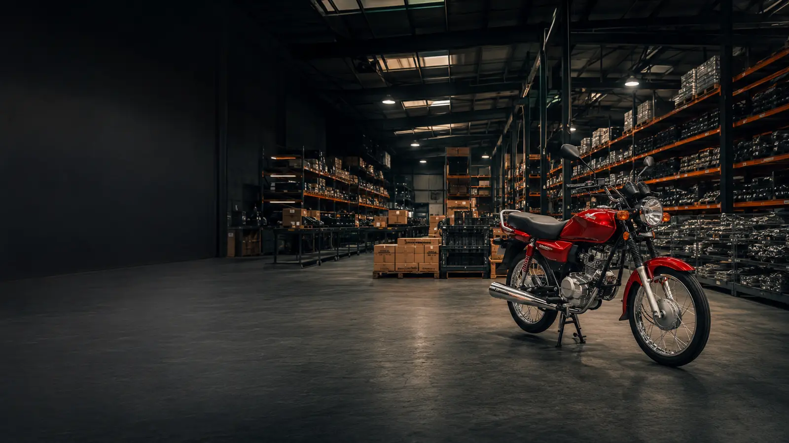 Organized motorcycle parts warehouse with a red commuter motorcycle